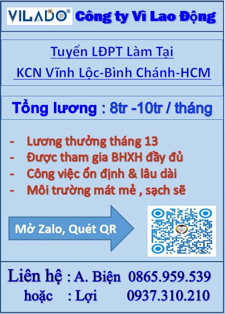 Tuyển 30 LĐPT phụ việc tại công ty may ở KCN Vĩnh Lộc A, Bình Chánh